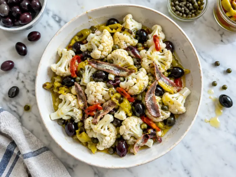 Napolitaanse bloemkoolsalade met olijven en kappertjes