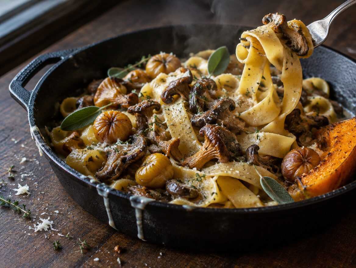 Pan met pappardelle, wilde paddenstoelen, kastanjes en salie voor de Italiaanse herfstkeuken
