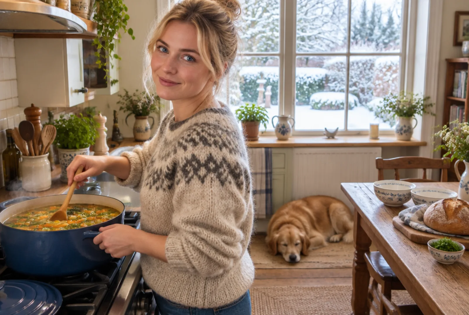 Italiaanse winterkeuken: een jonge vrouw roert in een pan soep, met een hond en sneeuw buiten