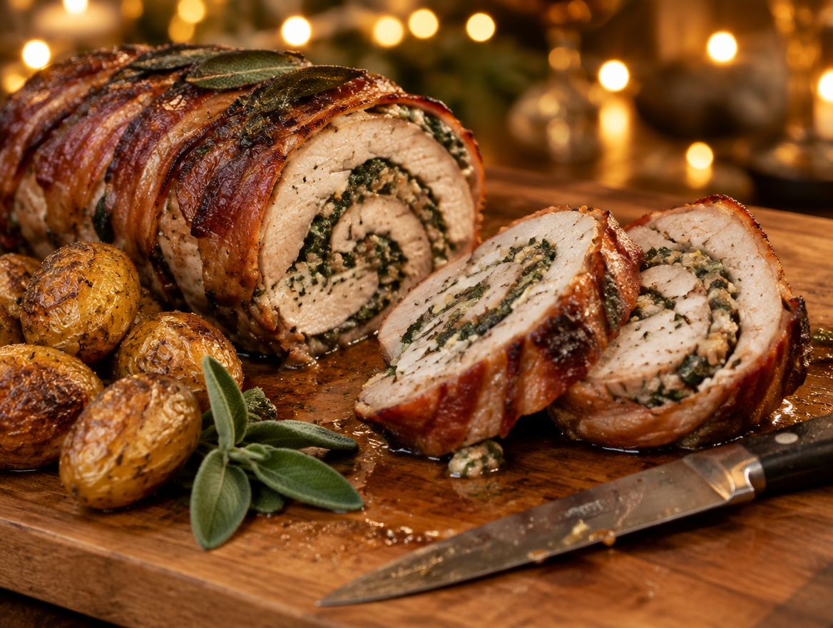 Kalkoenrollade met pancetta en salie, in plakken gesneden op een houten plank