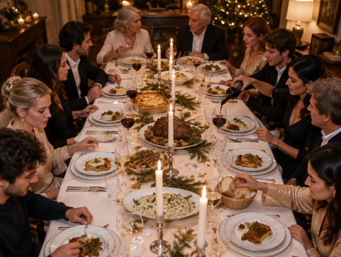 Twaalf gasten aan een strak gedekte kersttafel met witte kaarsen, zilveren sterren en Italiaanse gerechten