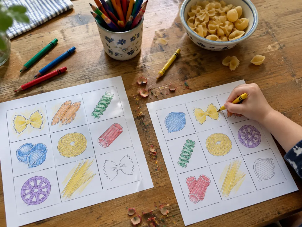 Kleurplaat eten: twee pasta bingokaarten die een kind aan het inkleuren is
