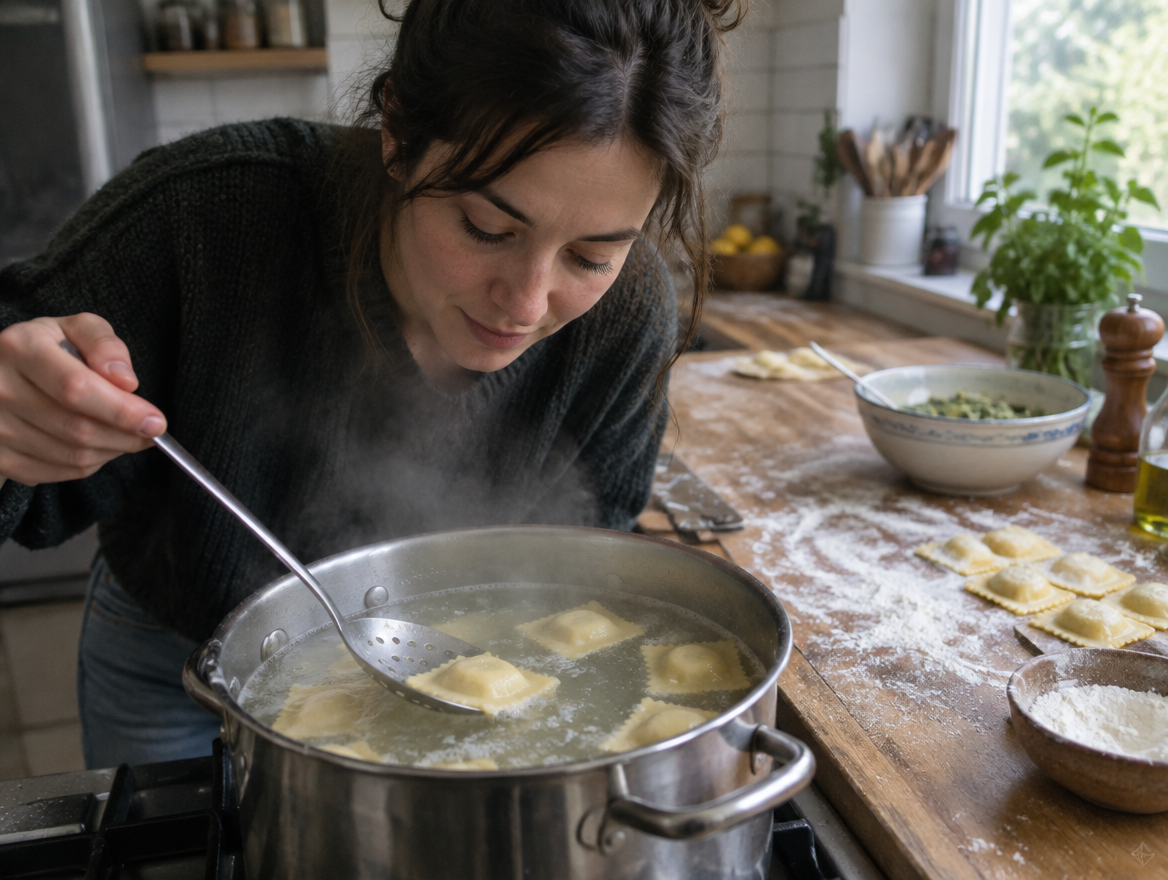 Kook groene of gevulde pasta op zicht