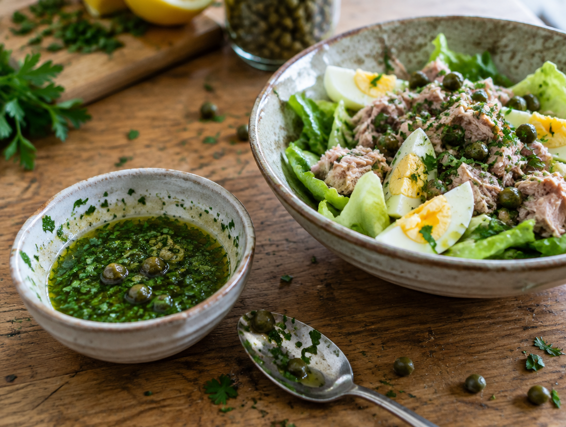 Kruidendressing met peterselie en kappertjes in een kommetje naast een tonijnsalade