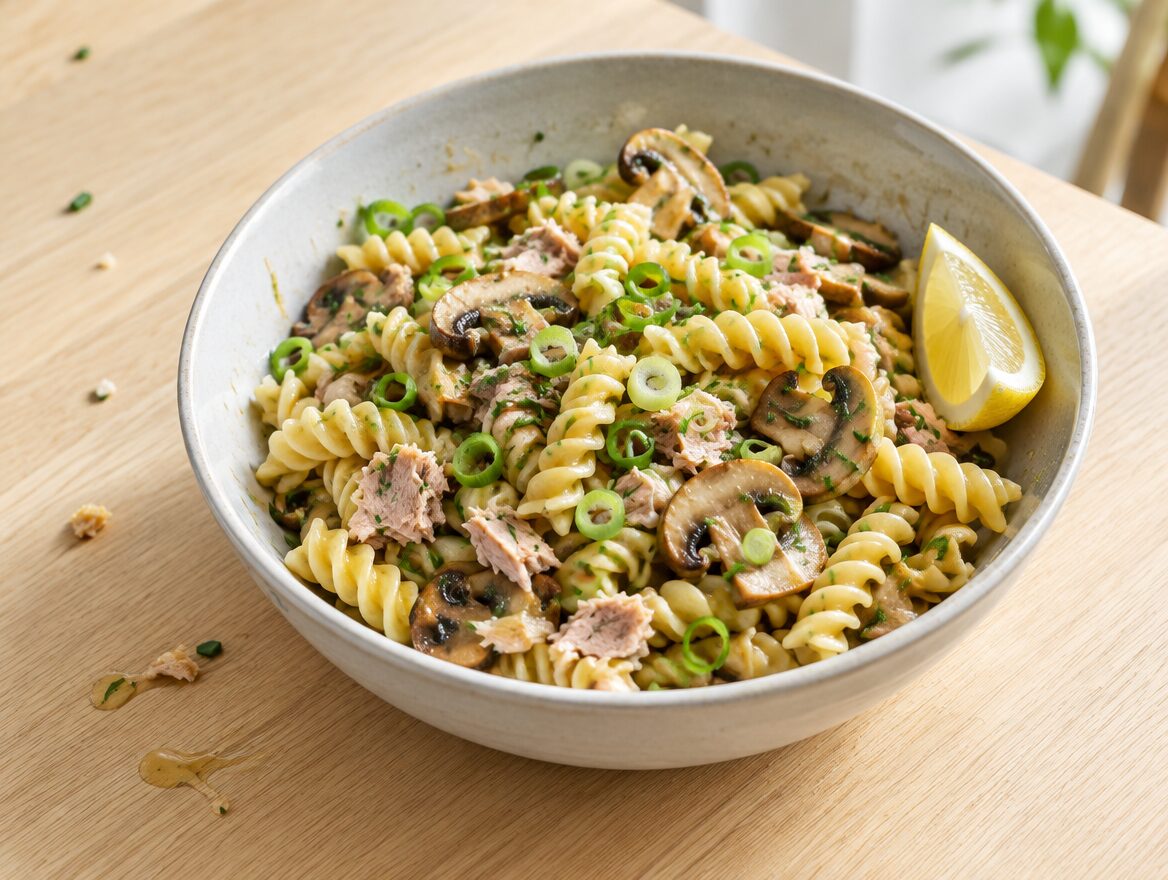 krulpasta met tonijn, champignons en bosui in een diepe kom