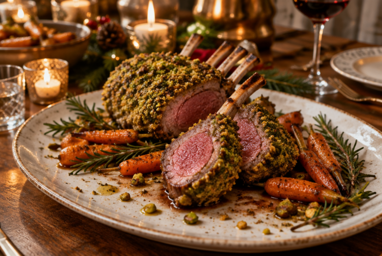 Lamsrack met pistachekorst en rozemarijn