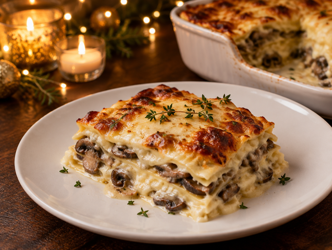 Lasagne bianca met kastanjechampignons en taleggio op een wit bord