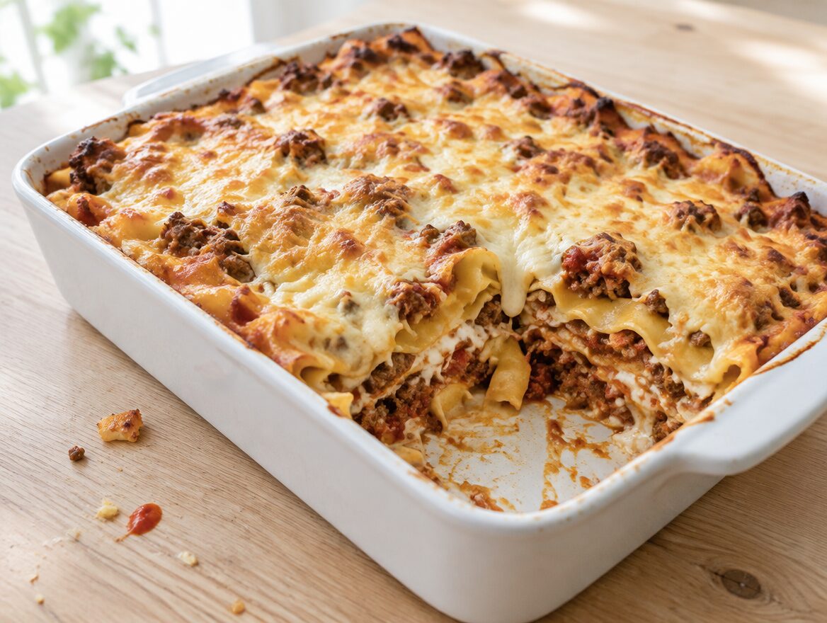 Lintmacaroni-ovenschotel met gehakt en witte saus in een ovenschaal