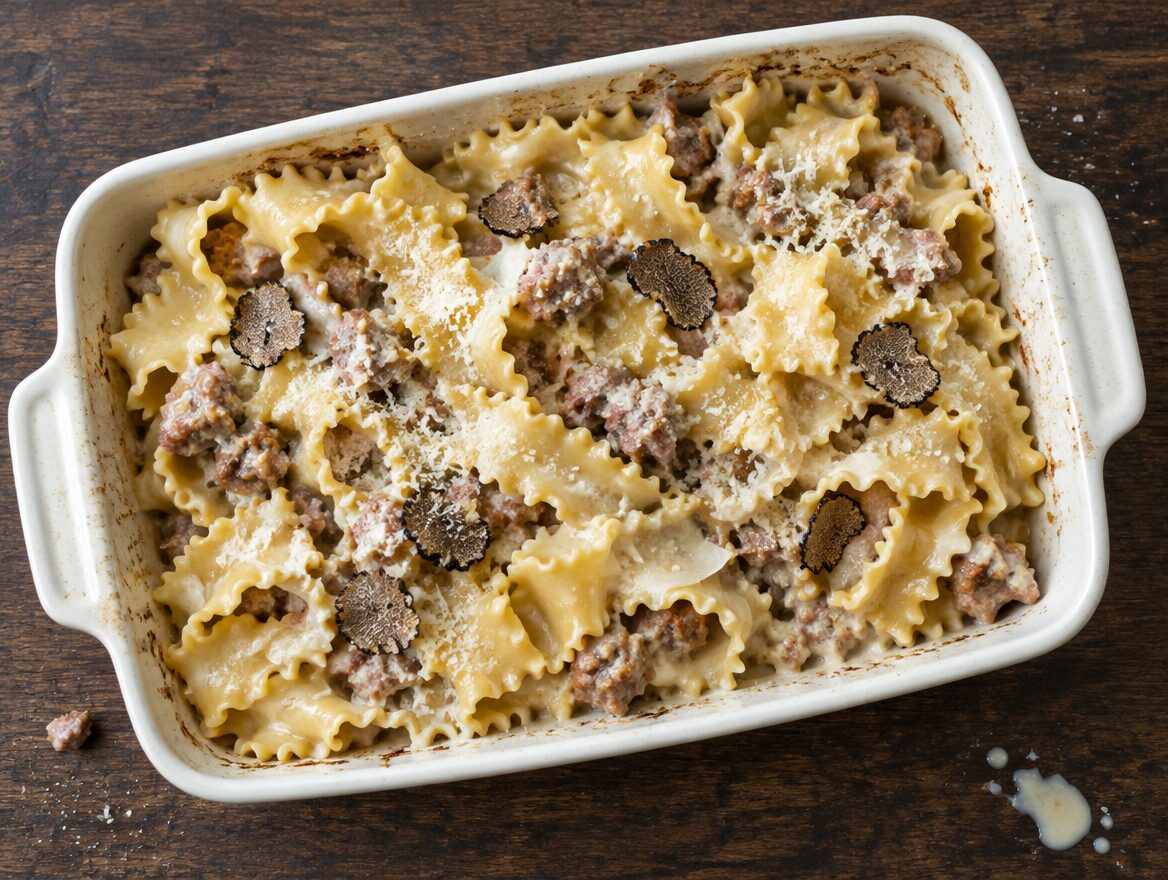 lintmacaroni met worst en truffelsaus in een ovenschaal met parmezaan