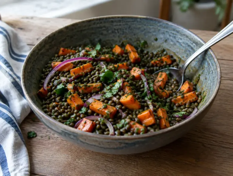Linzensalade met geroosterde wortel en rode ui