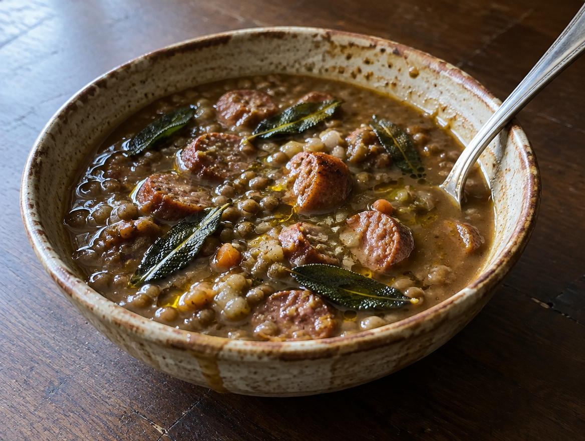 Linzensoep met salsiccia en salie
