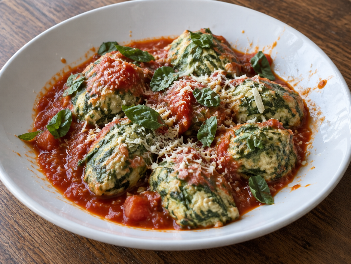 Malfatti met spinazie en ricotta in tomatensaus met basilicum en pecorino