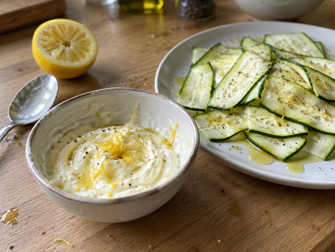 Mascarpone-citroendressing in een kommetje naast dun gesneden rauwe courgette