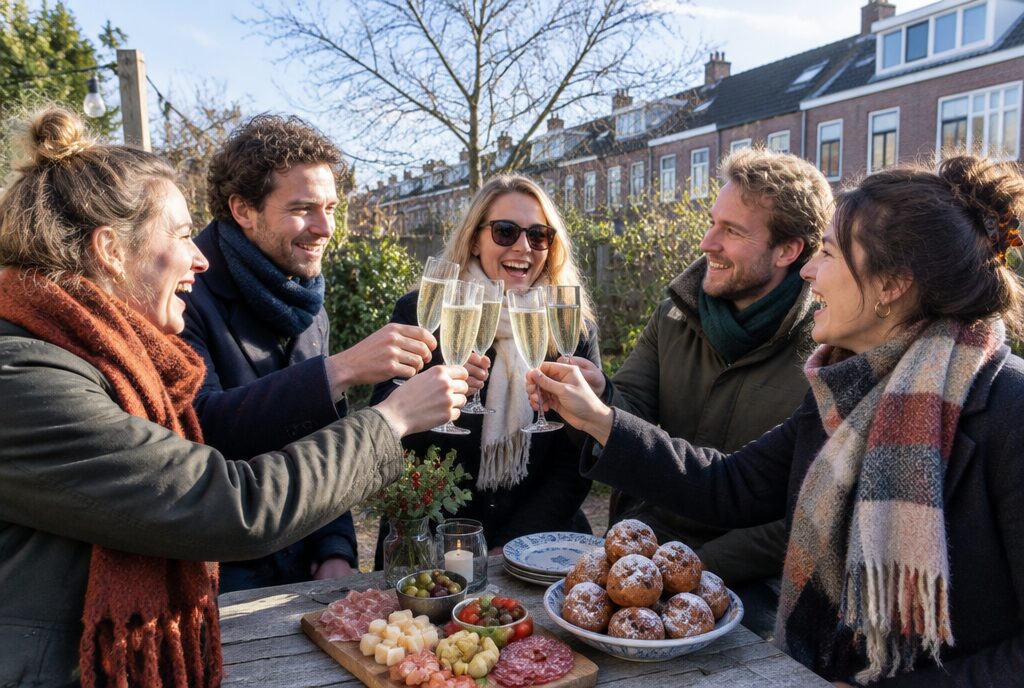 Vijf vrienden toosten met prosecco in een zonnige Nederlandse tuin op nieuwjaarsdag, met een hapjesplank en oliebollen op tafel