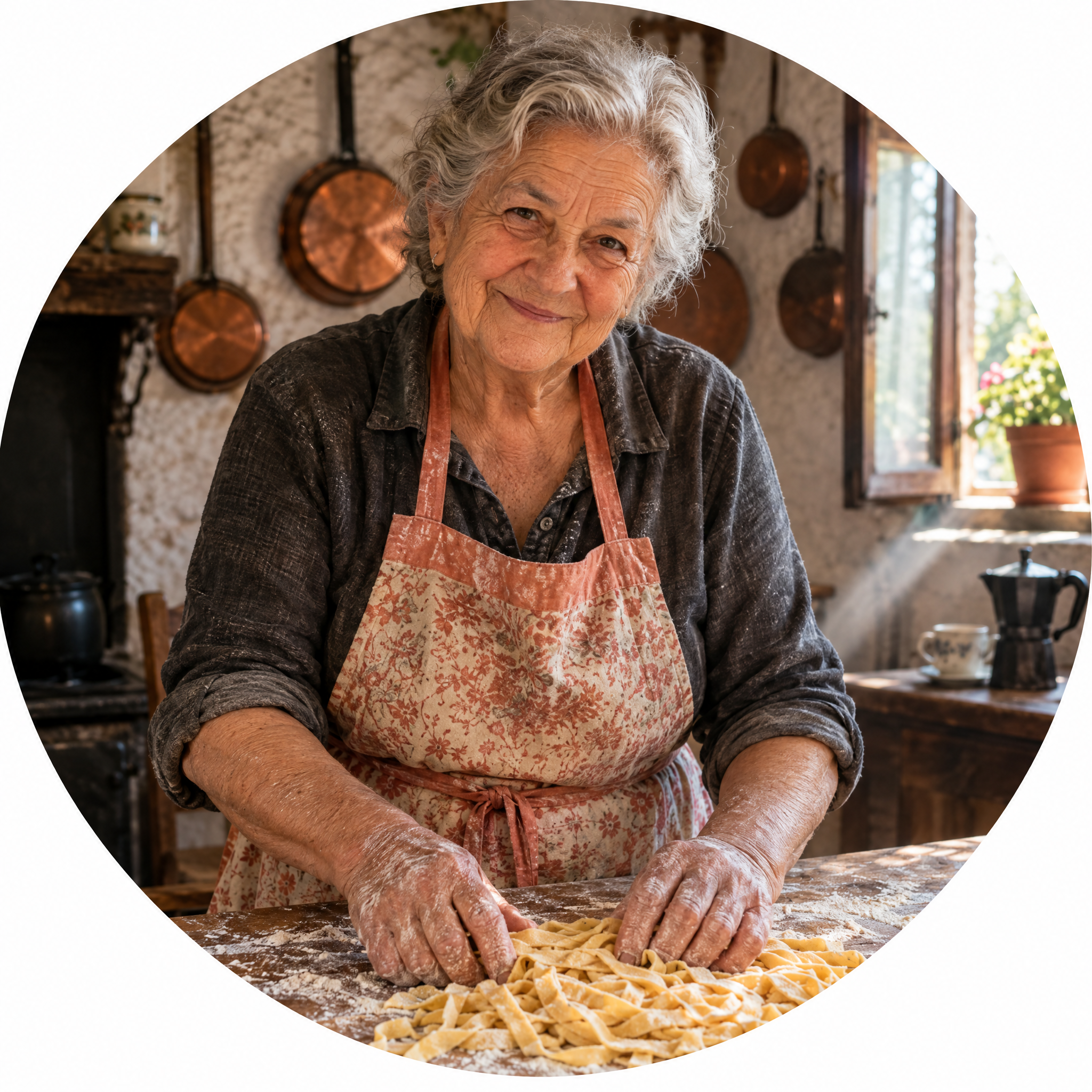 Nonna met grijs haar en een schort kijkt lachend in de camera
