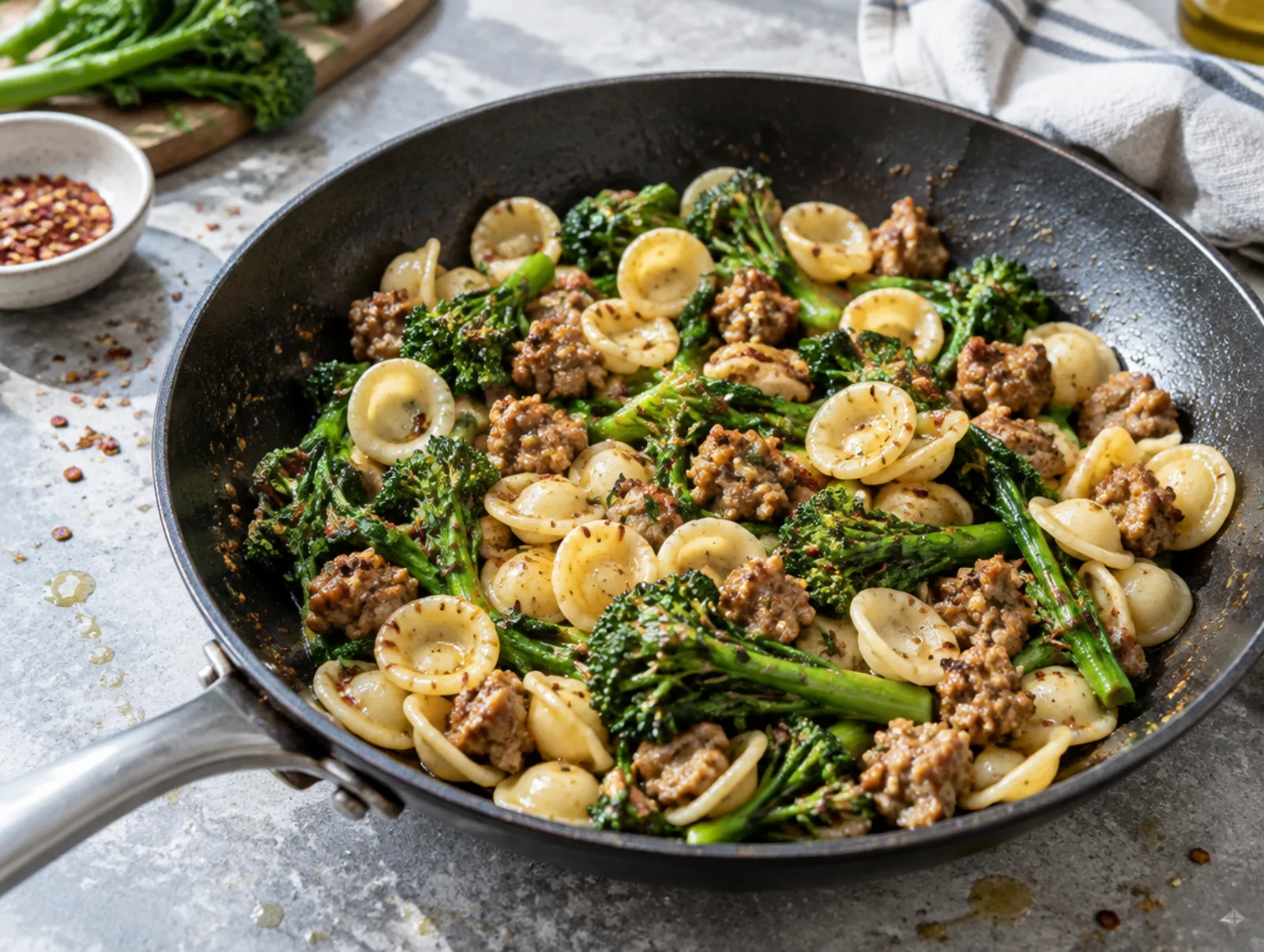 Orecchiette met cime di rapa en salsiccia in een koekenpan