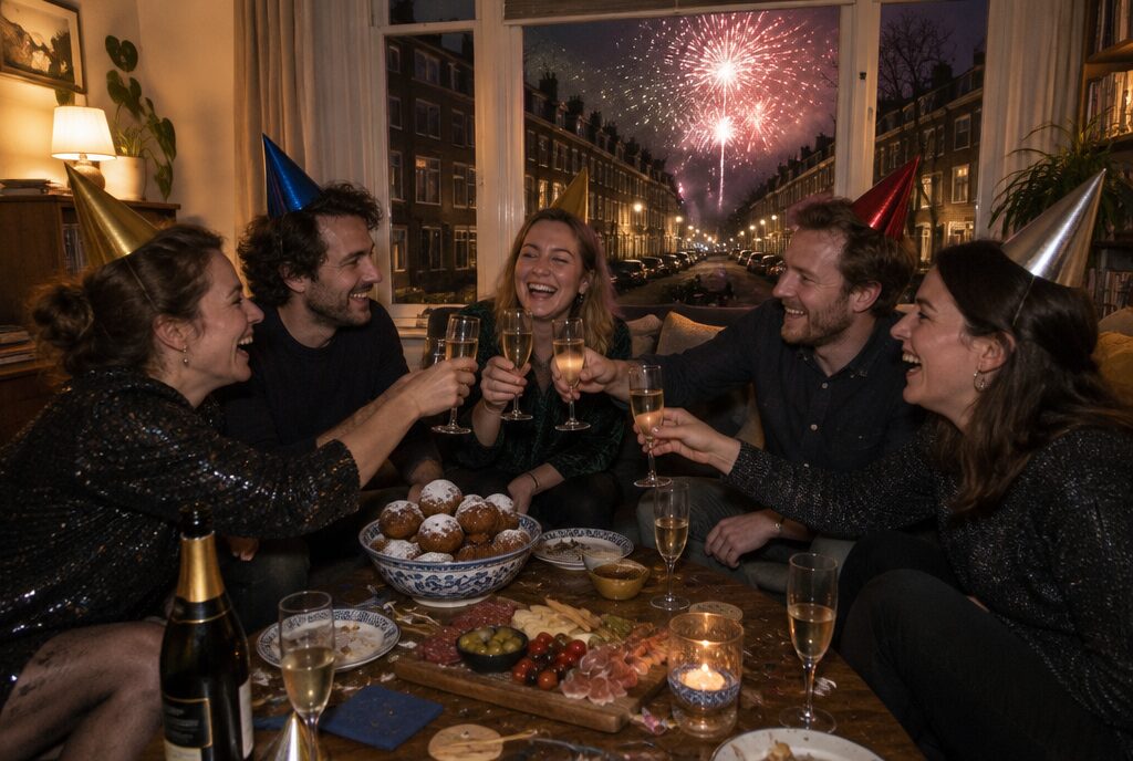 Vijf vrienden toosten met prosecco in een Nederlandse woonkamer, met vuurwerk buiten het raam, oliebollen en een hapjesplank op tafel