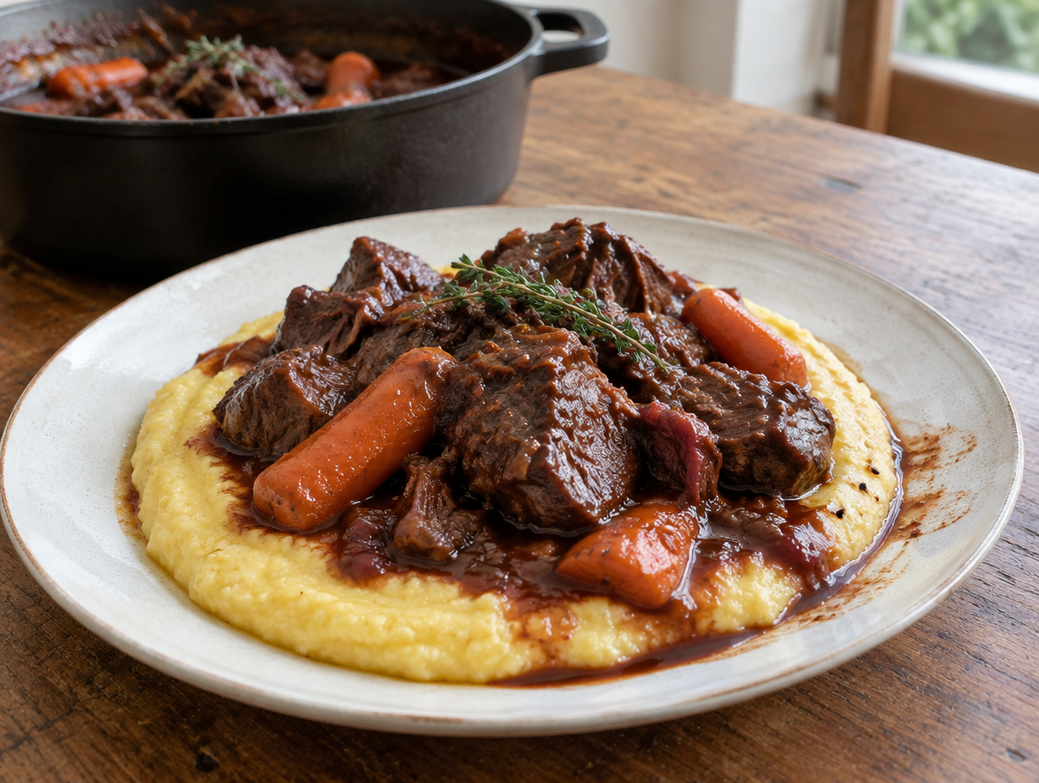Runderstoof met barolo en polenta op een bord