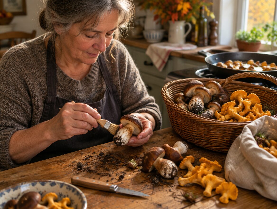 Paddenstoelen schoonmaken met een zacht borsteltje aan de keukentafel