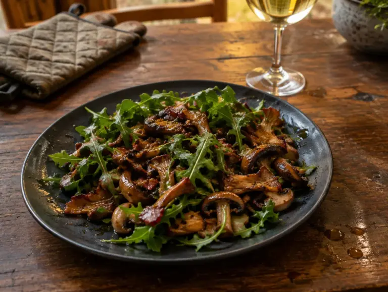 Lauwwarme salade met paddenstoelen, spekjes en rucola
