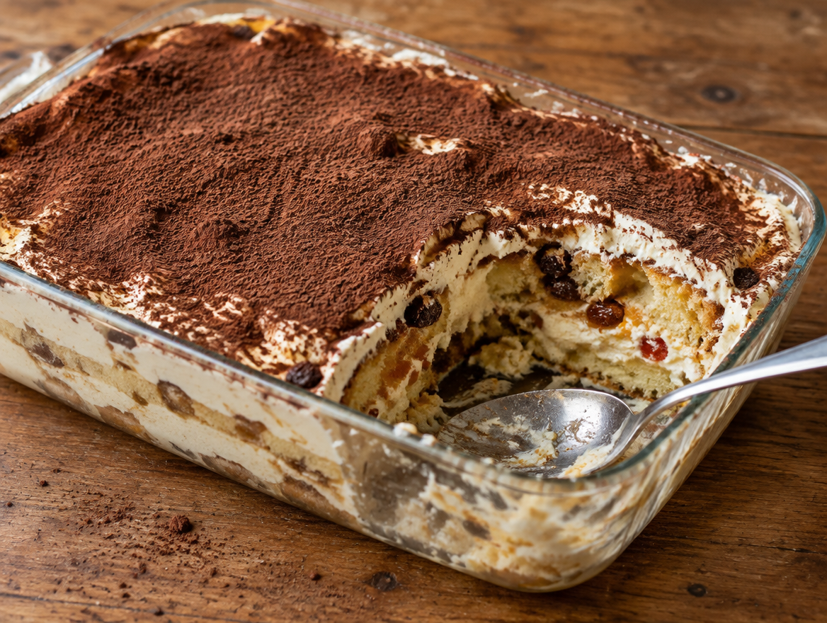Panettone-tiramisu in een glazen schaal met cacao