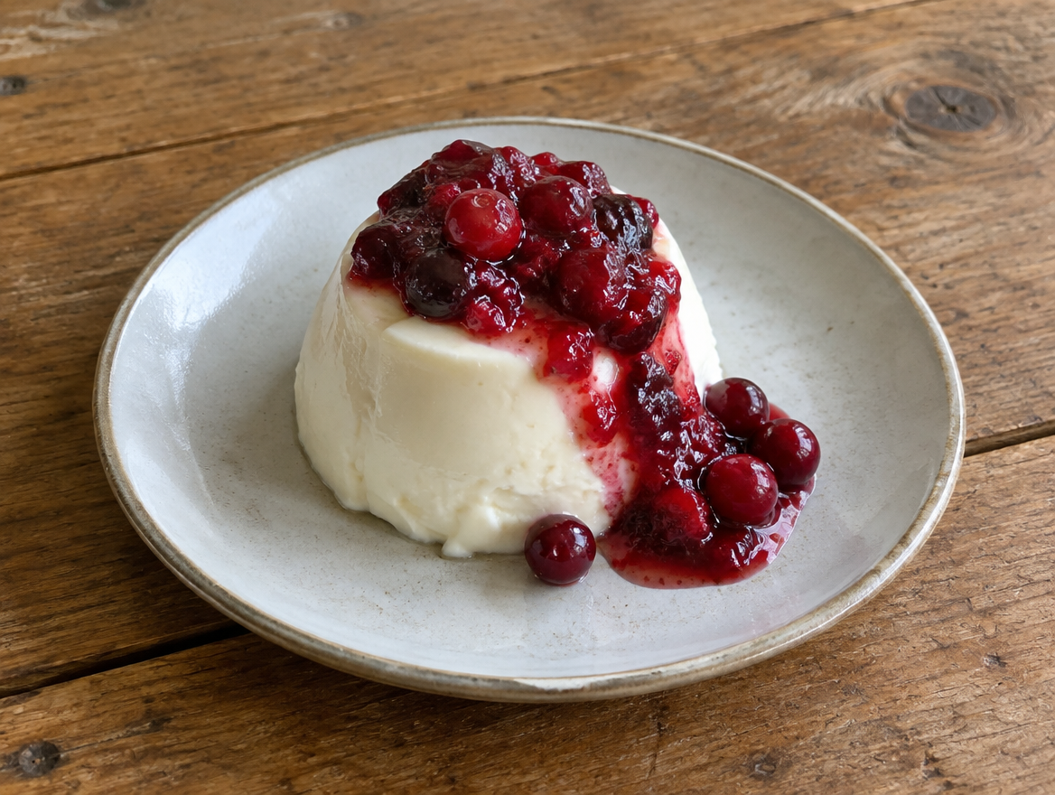Panna cotta met cranberrycompote op een klein bord