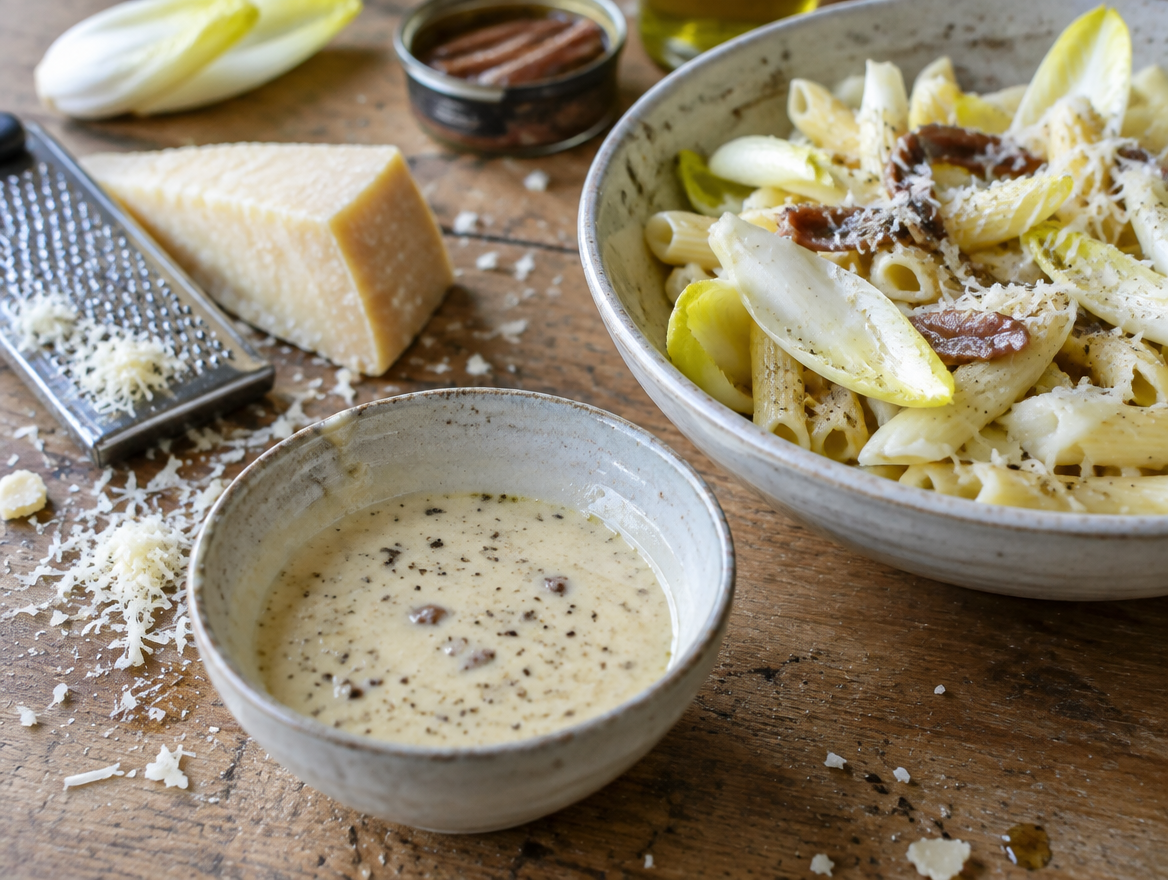 Parmezaandressing met ansjovis in een kommetje naast een andijviesalade met pasta