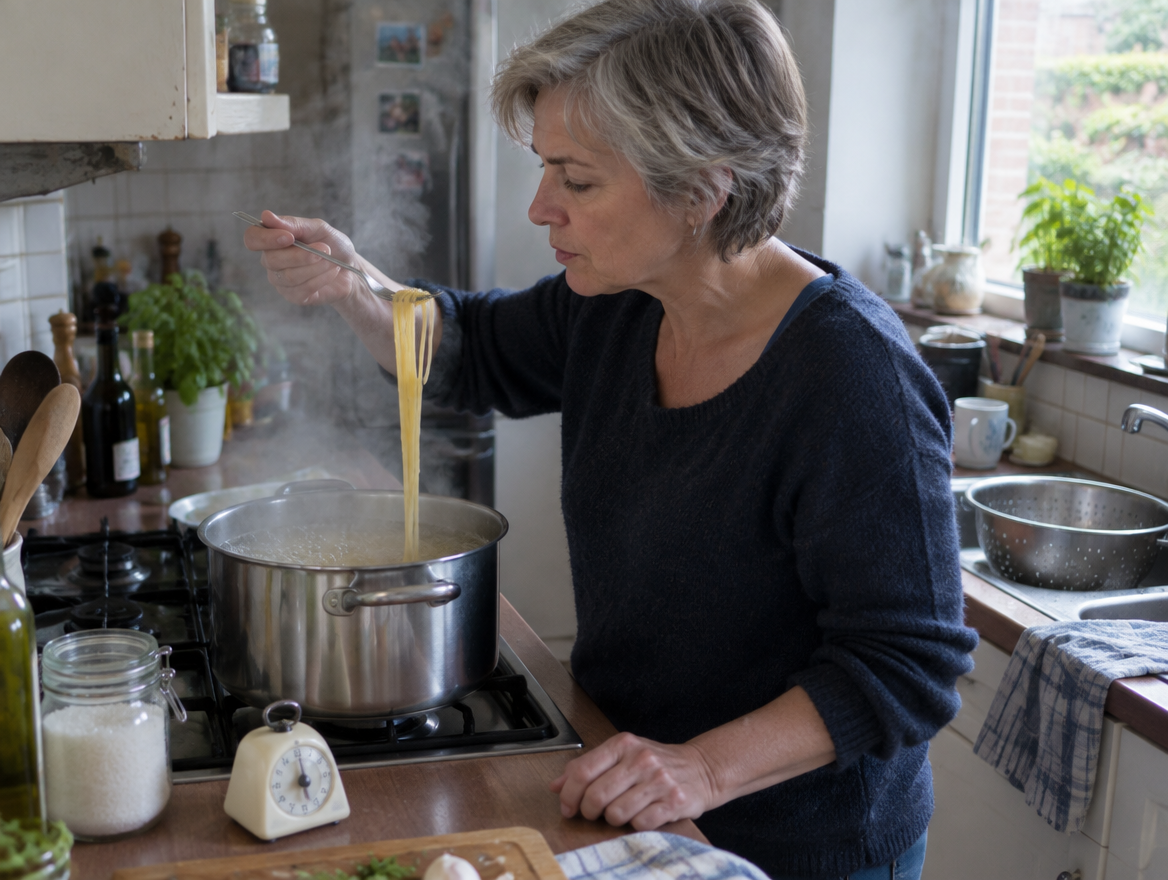 Vrouw met grijs haar proeft of de spaghetti gaar is, pasta koken in een pan met kokend water
