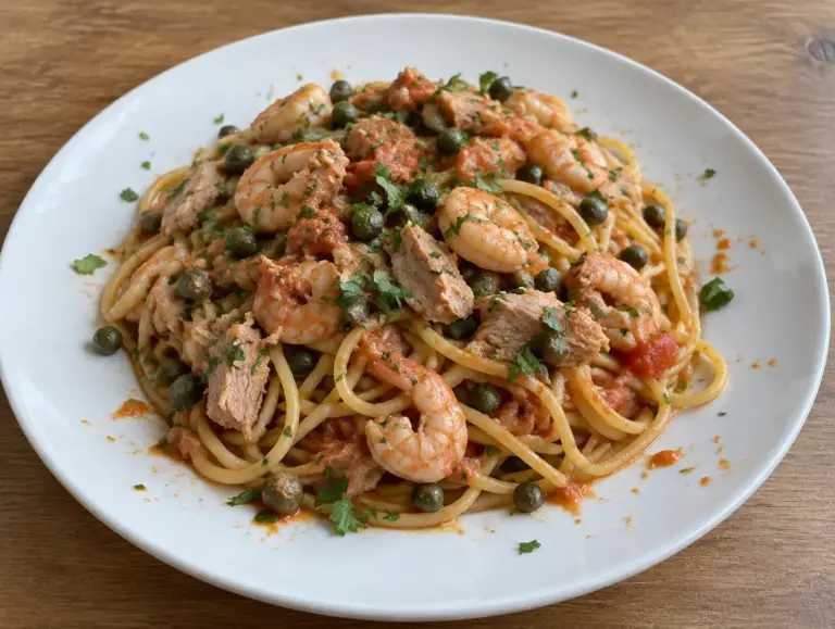 Pasta met tonijn en garnalen in een lichte tomatensaus