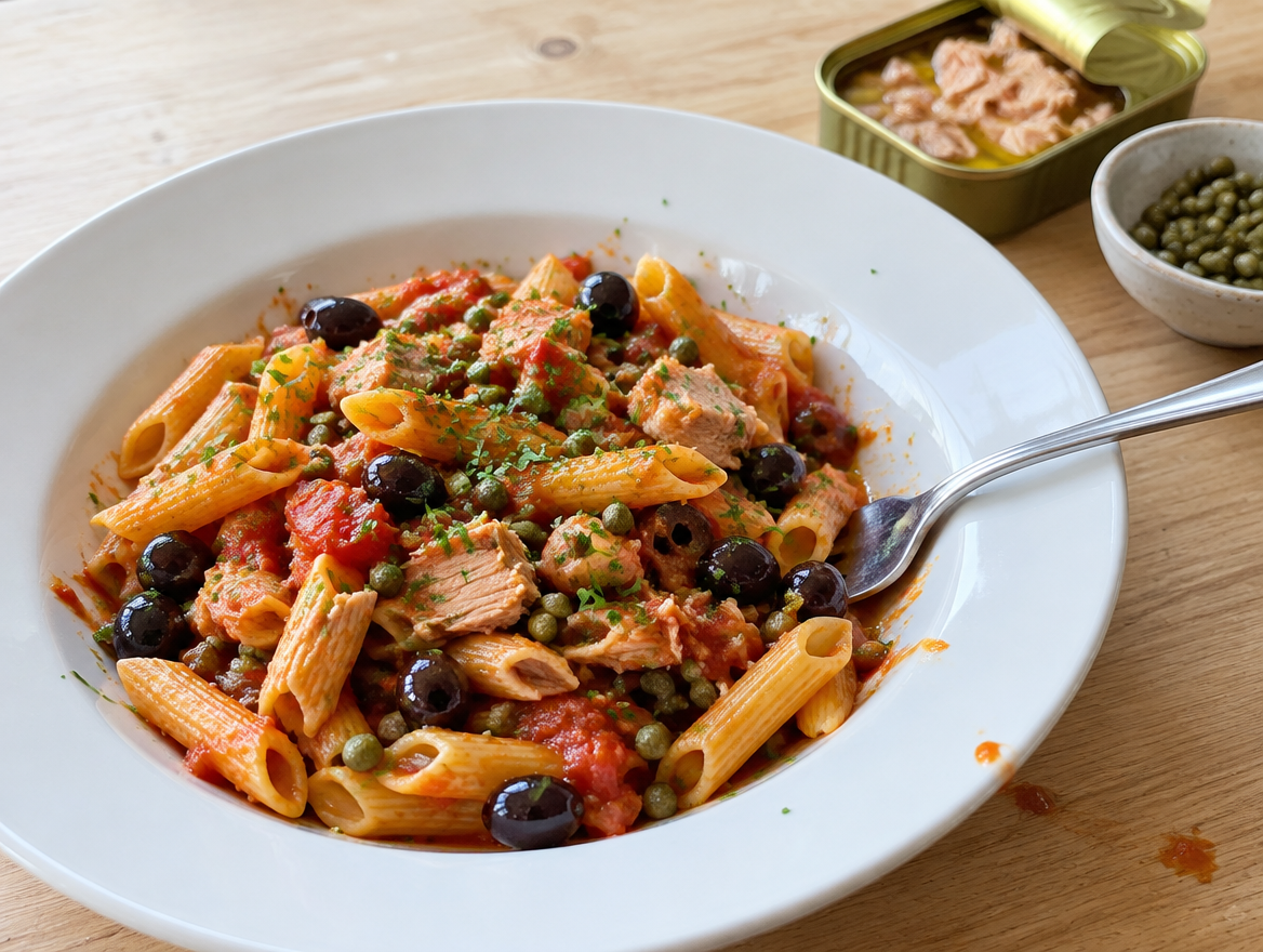 Pasta met tonijn: penne met tonijn, tomatensaus, olijven en kappertjes in een witte pastabord