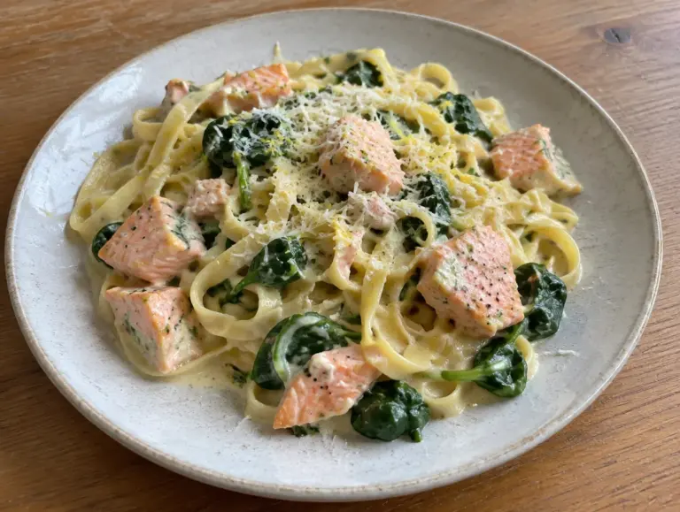 Pasta met zalm en spinazie in een citroenroomsaus