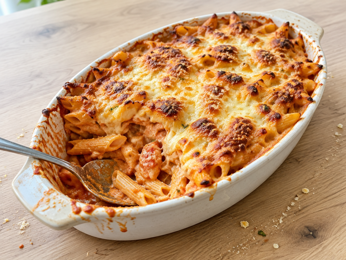 Pasta ovenschotel maken: penne met gesmolten kaas en tomatensaus in een ovenschaal