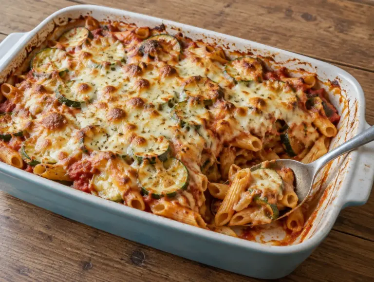 Pasta ovenschotel met tomaat, courgette en mozzarella