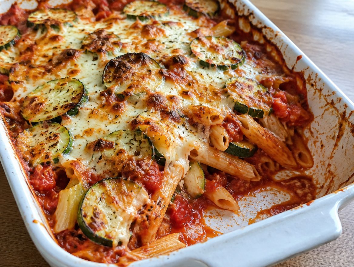 pasta ovenschotel met tomaat, courgette en mozzarella
