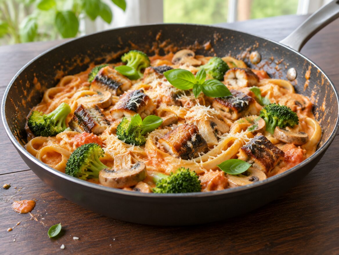 pasta met paling in tomaten-groentesaus met broccoli en champignons