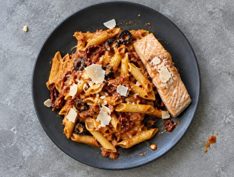 Pasta met pittige salsa en gestoomde zalm