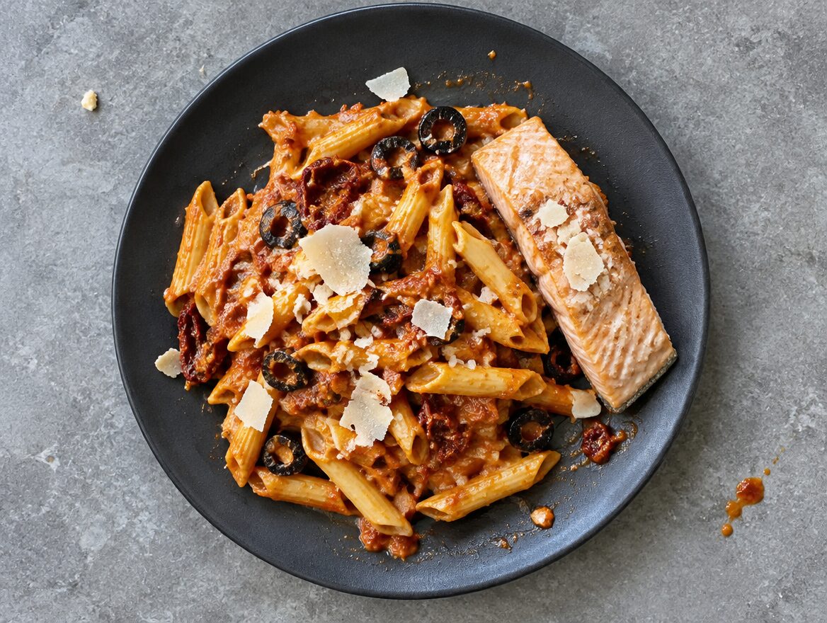 pasta met pittige salsa en gestoomde zalm op een donker bord