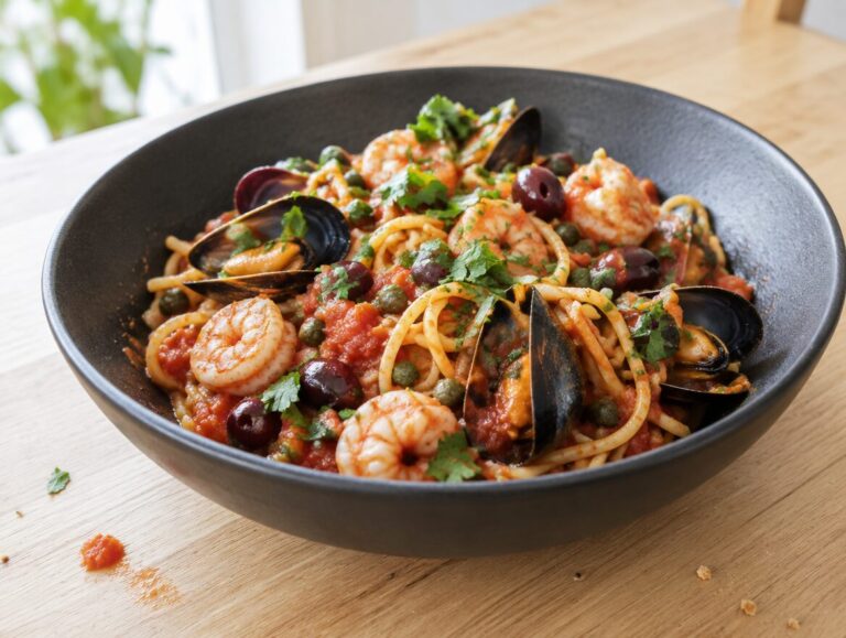Pasta alla puttanesca con frutti di mare