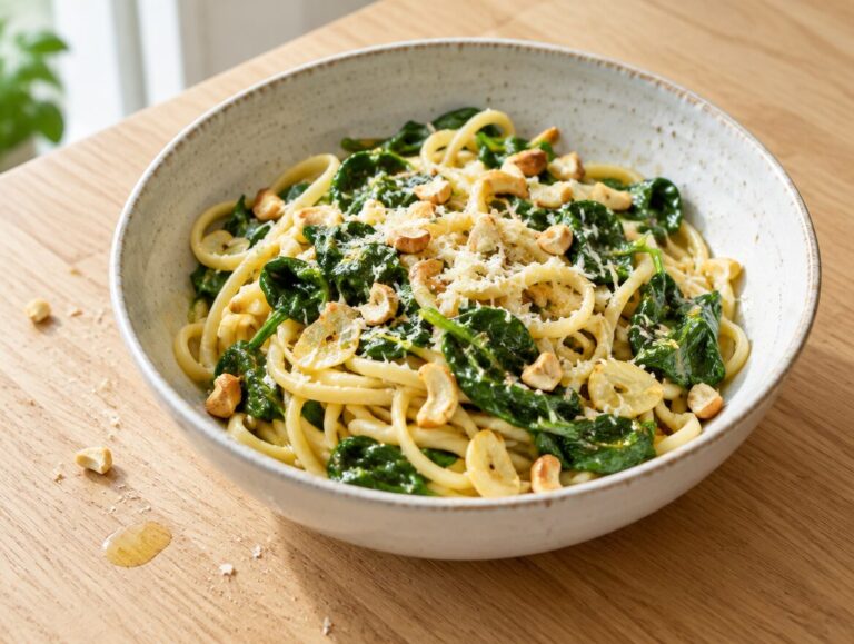 Pasta met spinazie en geroosterde cashewnoten
