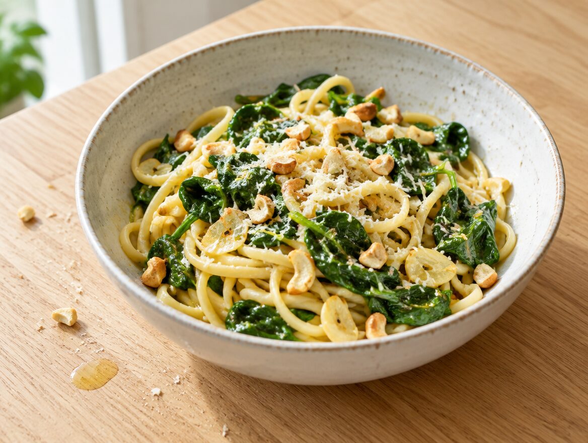 pasta met spinazie en geroosterde cashewnoten, knoflook en Parmezaanse kaas in een diepe kom
