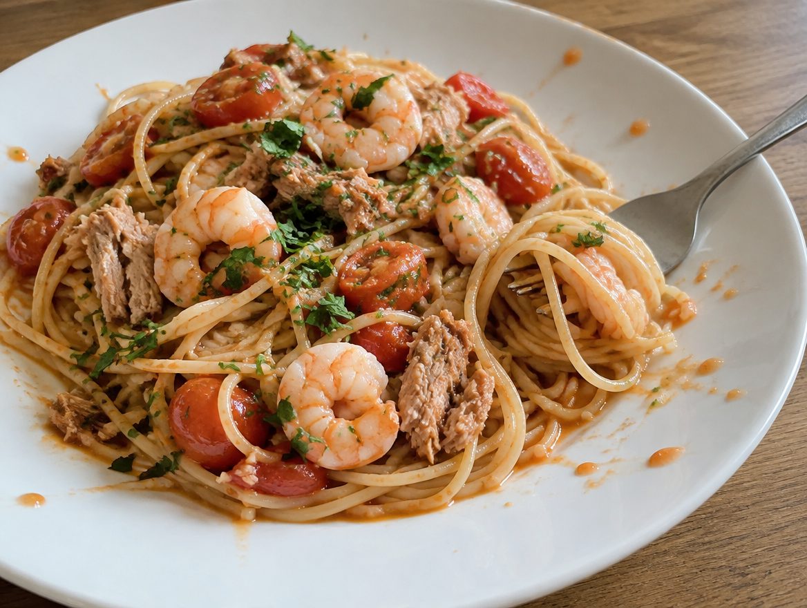 pasta met tonijn en garnalen in een lichte tomatensaus