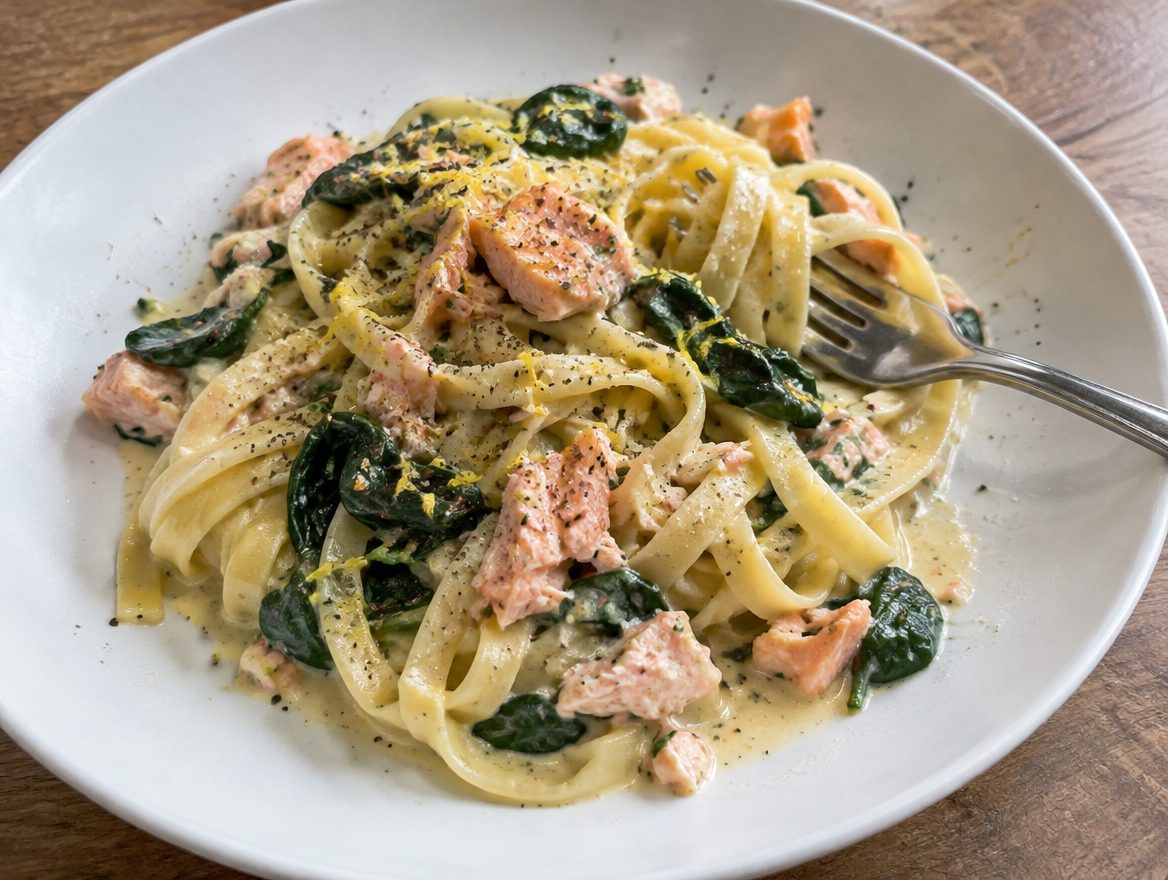 pasta met zalm en spinazie in een citroenroomsaus