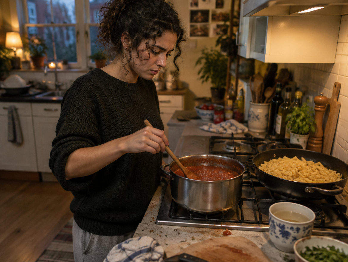 Jonge vrouw met donker krullend haar roert in een pan tomatensaus die te waterig lijkt