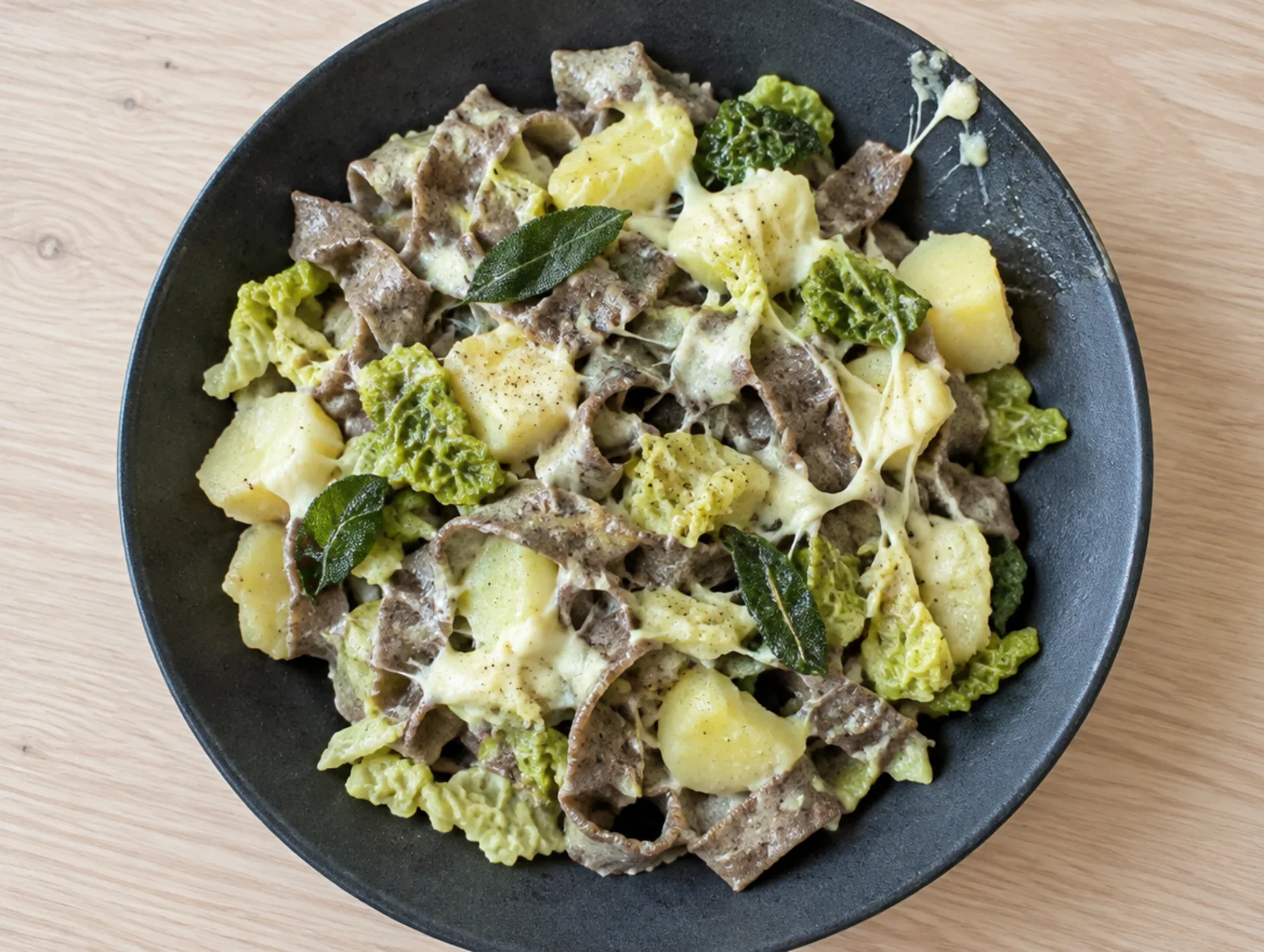 Pizzoccheri met savooiekool, aardappel en fontina op een donker bord