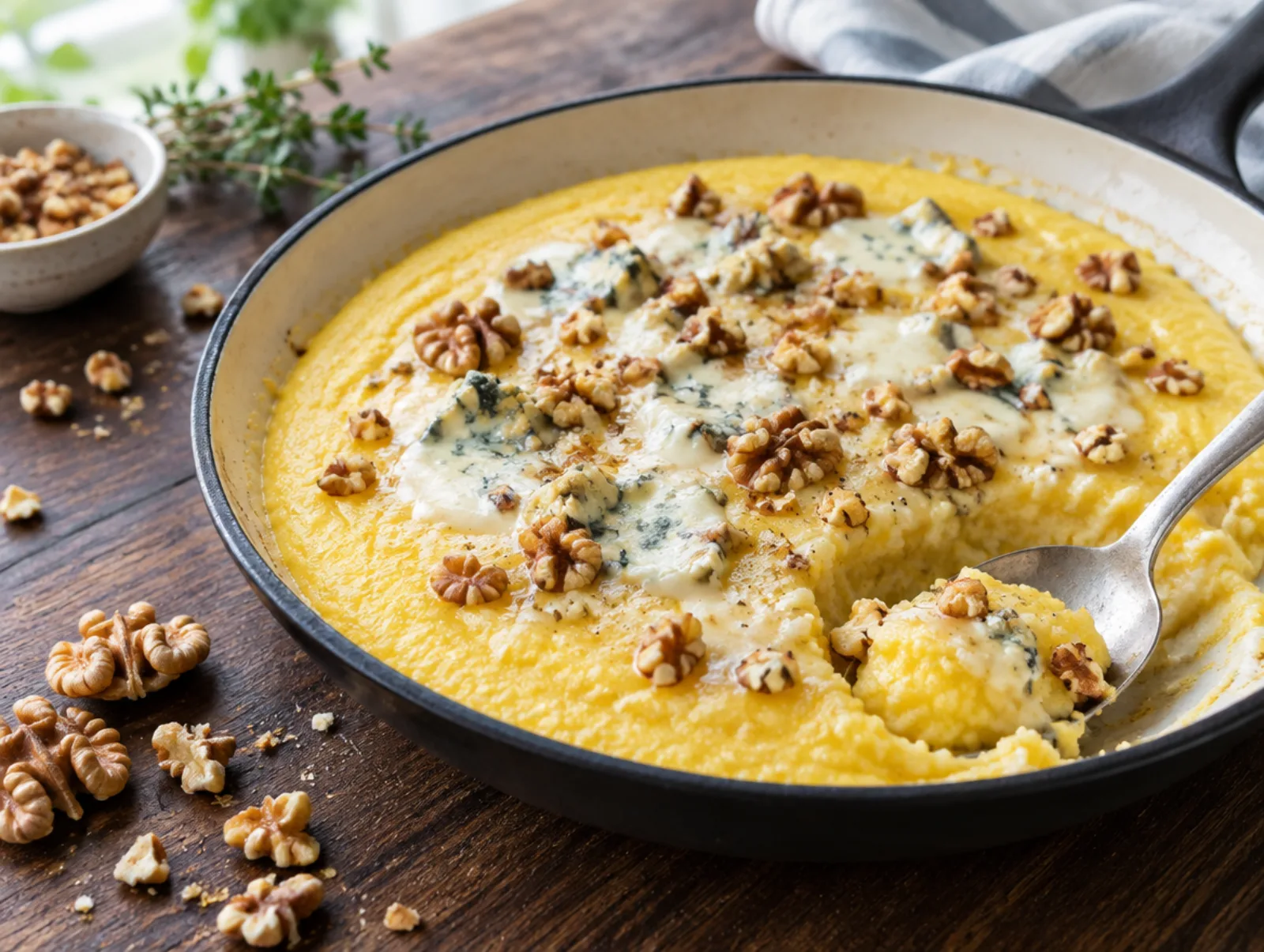 Polenta concia met gorgonzola en walnoot in een koekenpan