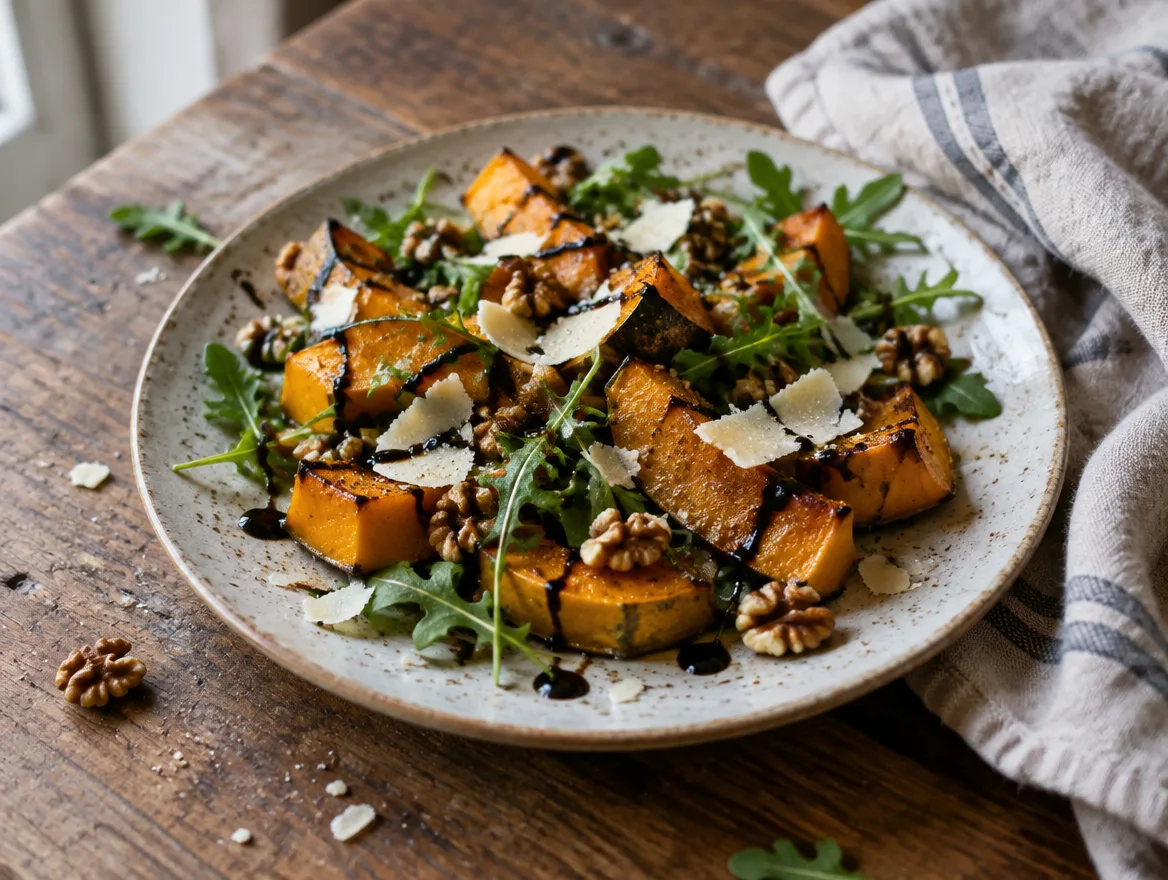 Salade van geroosterde pompoen met rucola en walnoten op een bord, klaar om te serveren