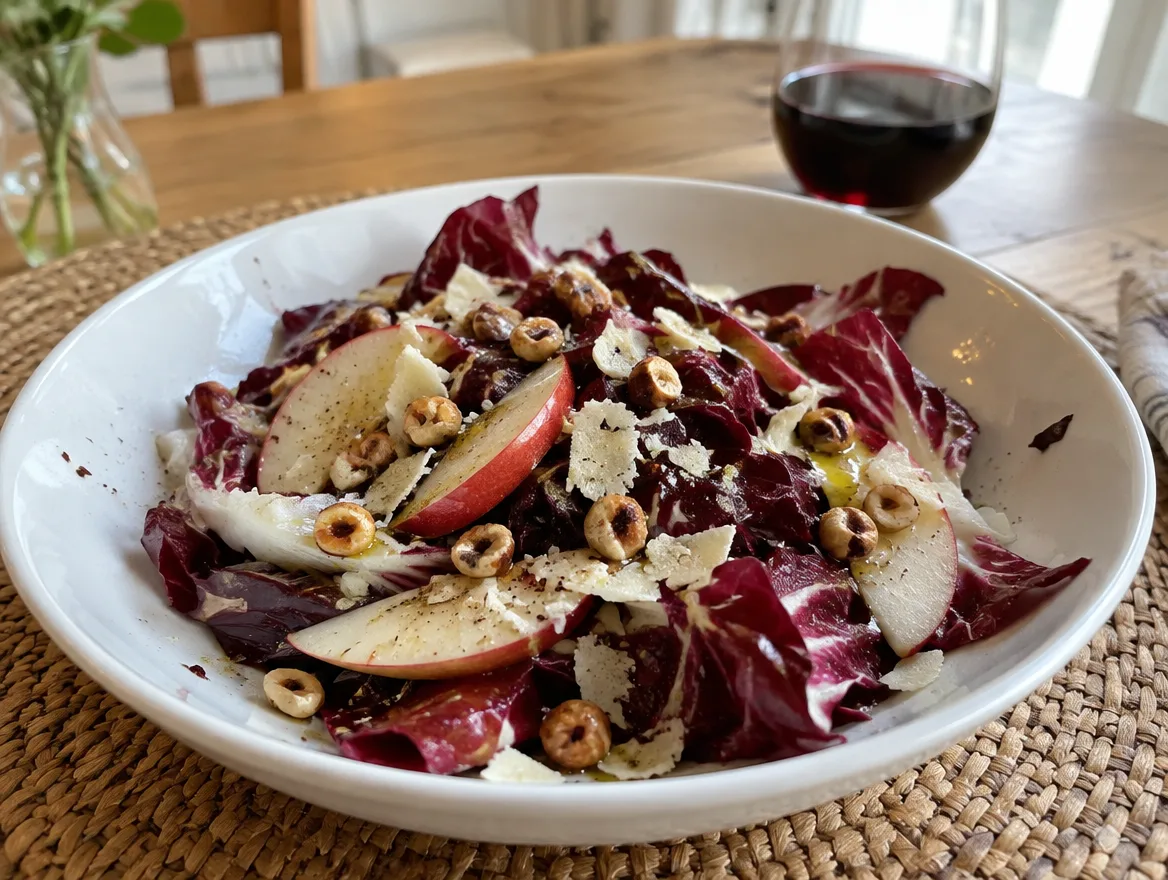 Radicchiosalade met appel, hazelnoten en pecorino op een bord, klaar om te serveren