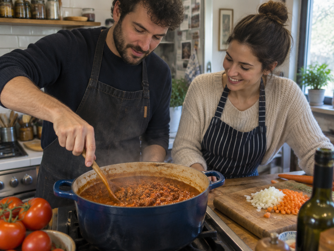 Twee mensen koken samen een langzaam gesudderde ragù op het fornuis