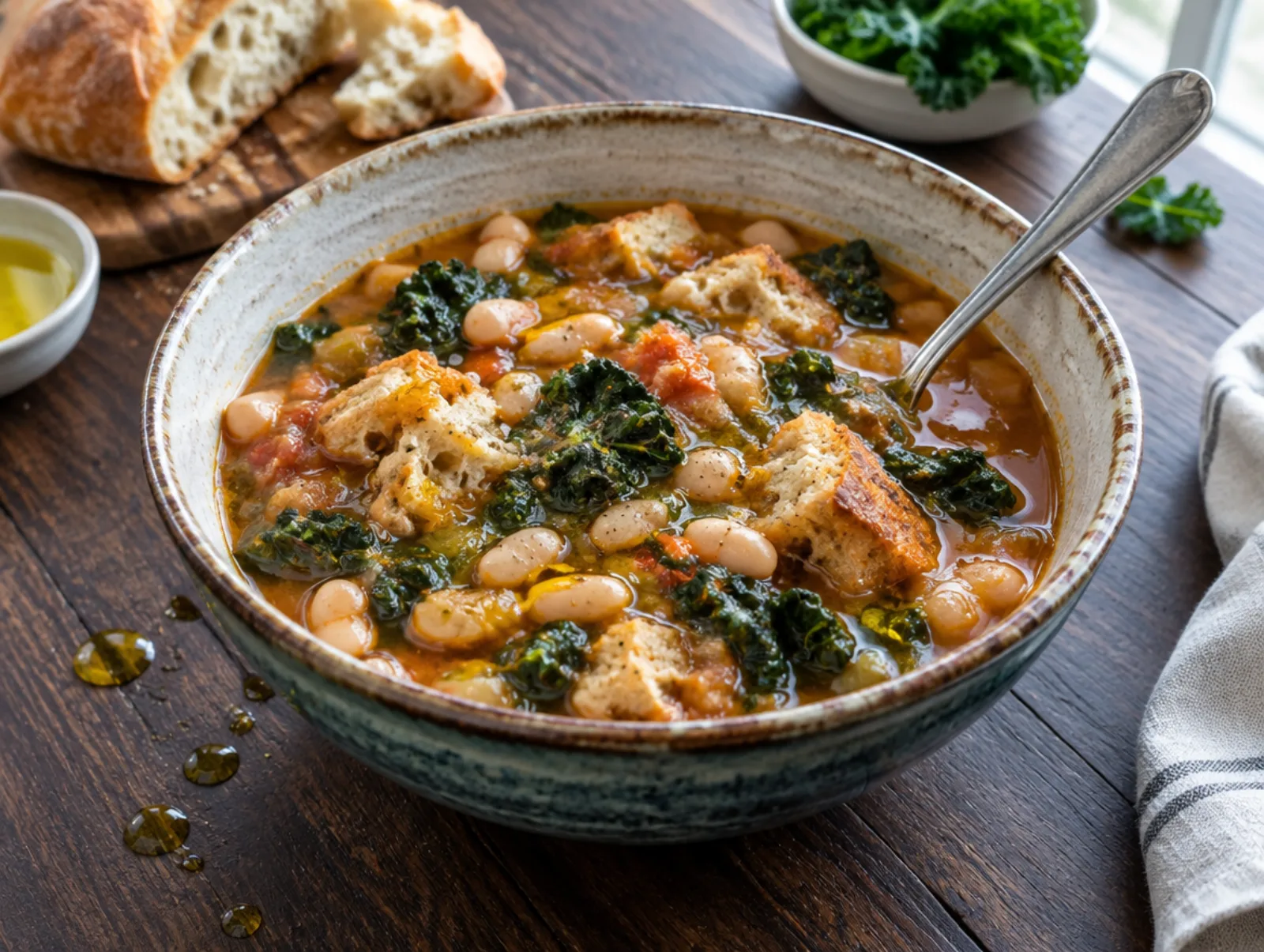 Ribollita met cavolo nero en borlottibonen in een diepe kom