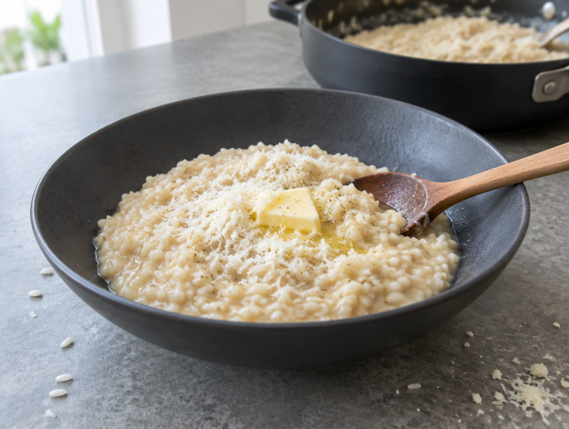 Risotto maken: romige risotto met parmezaan en boter in een donkere kom